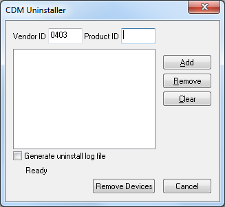 Driver uninstaller screen with VID field set and Remove Devices button highlighted